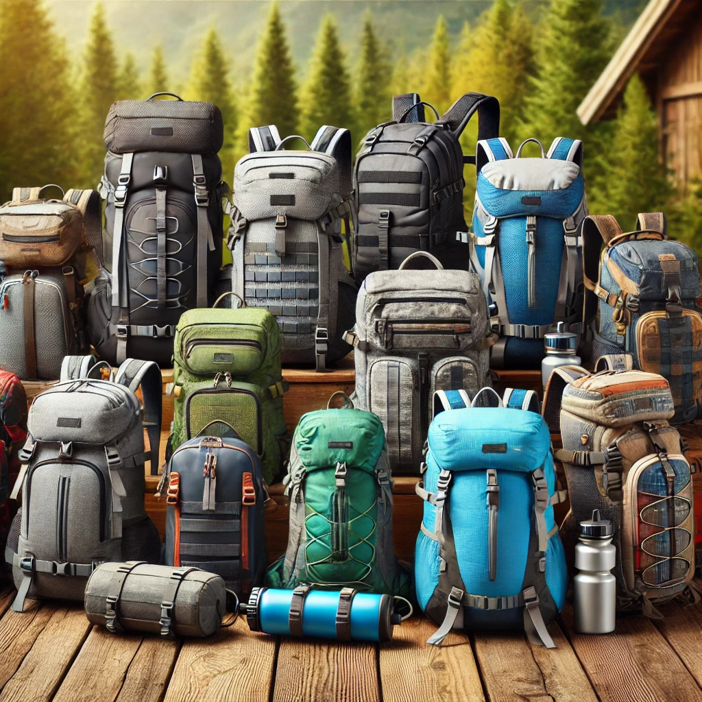 This image has an empty alt attribute; its file name is DALLE-2024-08-28-20.24.53-A-variety-of-hiking-daypacks-displayed-on-a-natural-outdoor-background.-The-image-shows-different-types-of-daypacks-including-a-compact-and-lightweig.webp